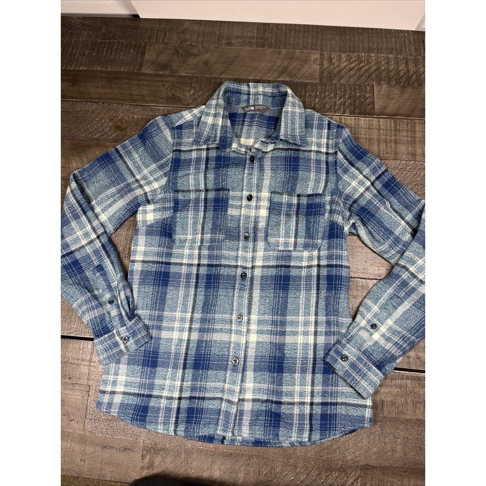 North Face Shirt Women Small Blue White Flannel Button Up Outdoors Hiking Ladies